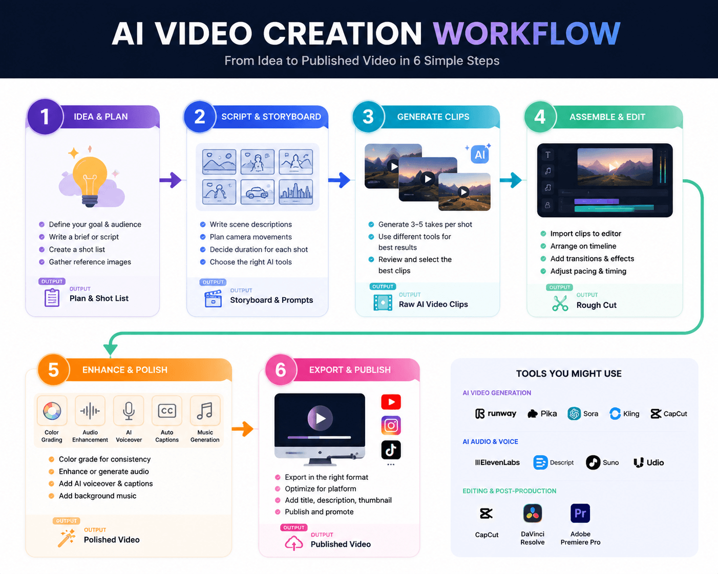 AI video creation step-by-step workflow: from planning through generation to final editing