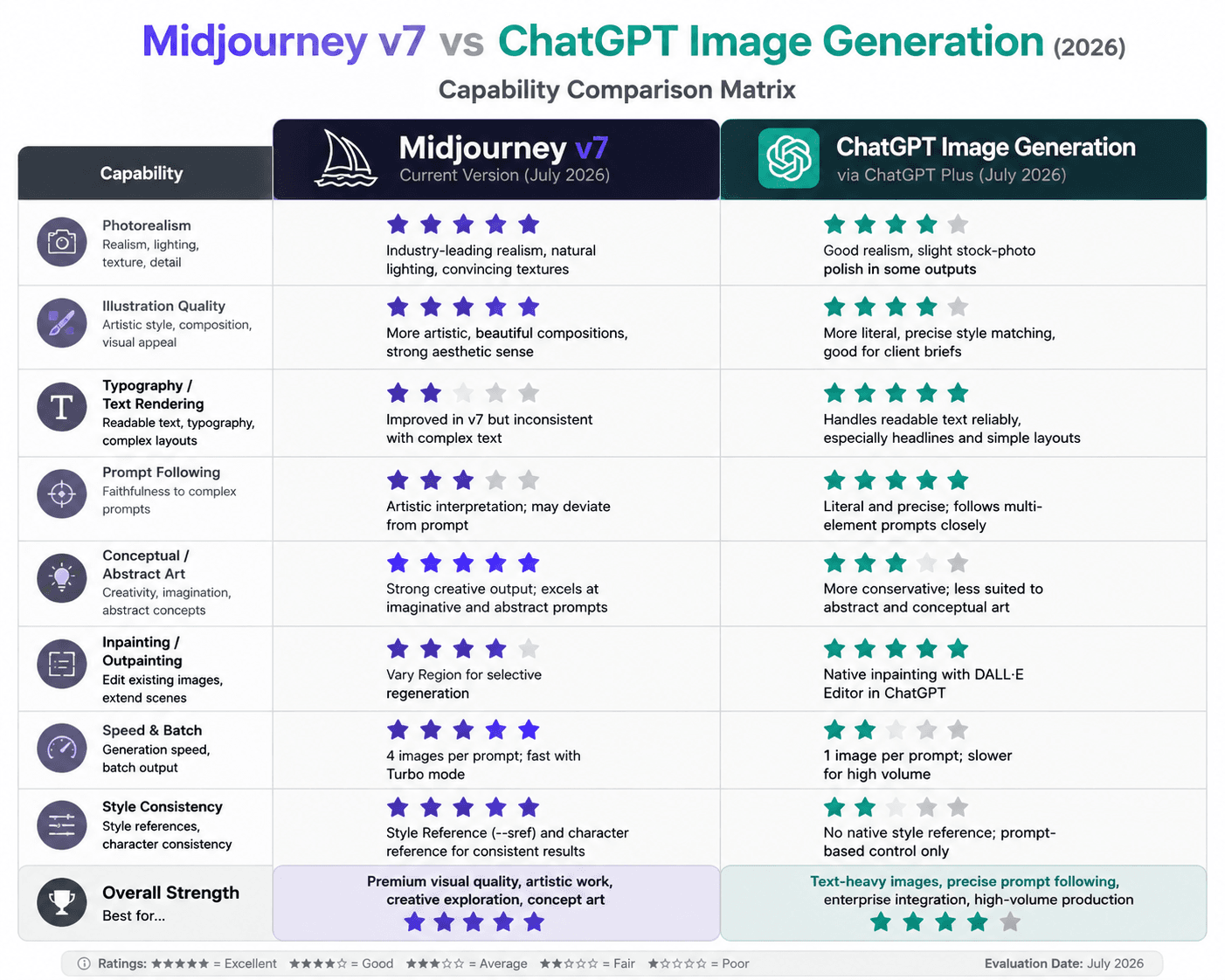 Side-by-side illustration comparison: Midjourney v7 vs ChatGPT Image Generation using identical prompts