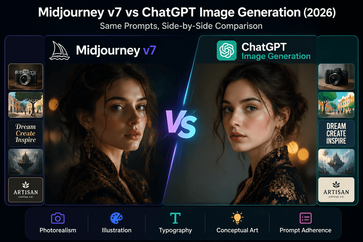 Side-by-side photorealism comparison: Midjourney v7 vs ChatGPT Image Generation using identical prompts